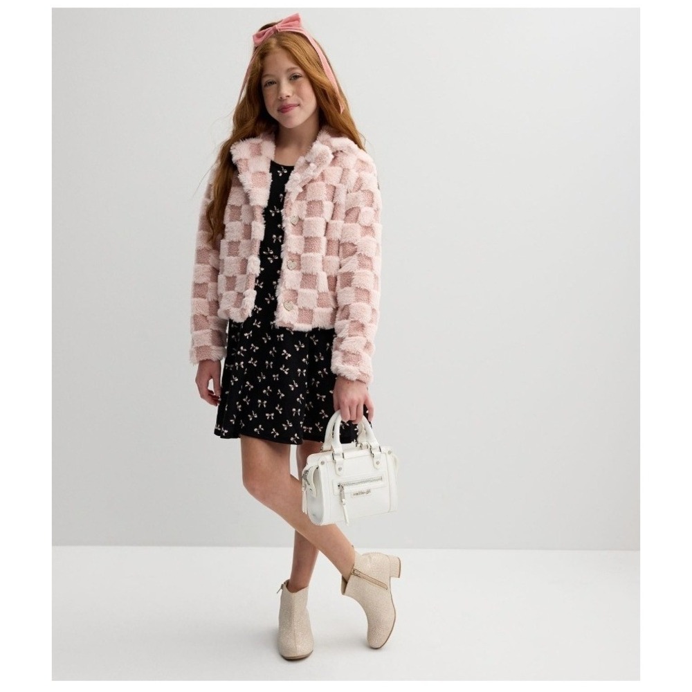 Self Esteem Faux Fur Jacket Girls Medium Pink Checkered HeartButtons